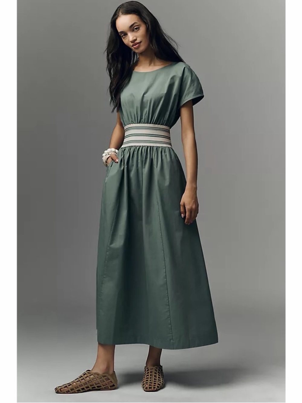 Anthropologie Duck Green Waisted Short-Sleeve A-Line Cotton Midi Dress Pockets